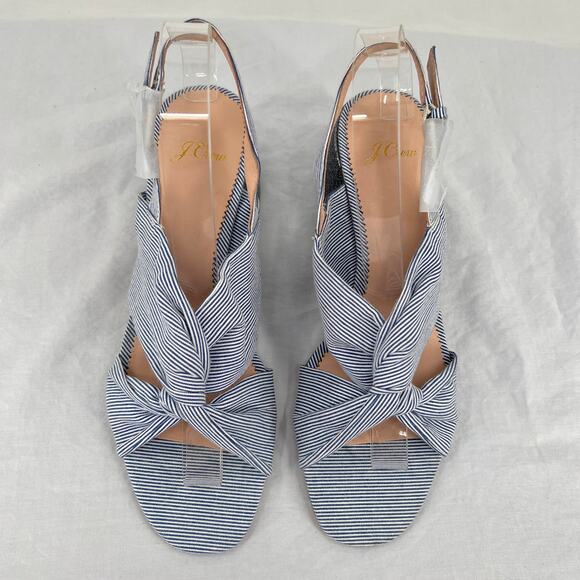 J. CREW Twisted-Knot Penny Sandals 8.5 Blue White Pinstripe Glitter Block Heel - Picture 3 of 10